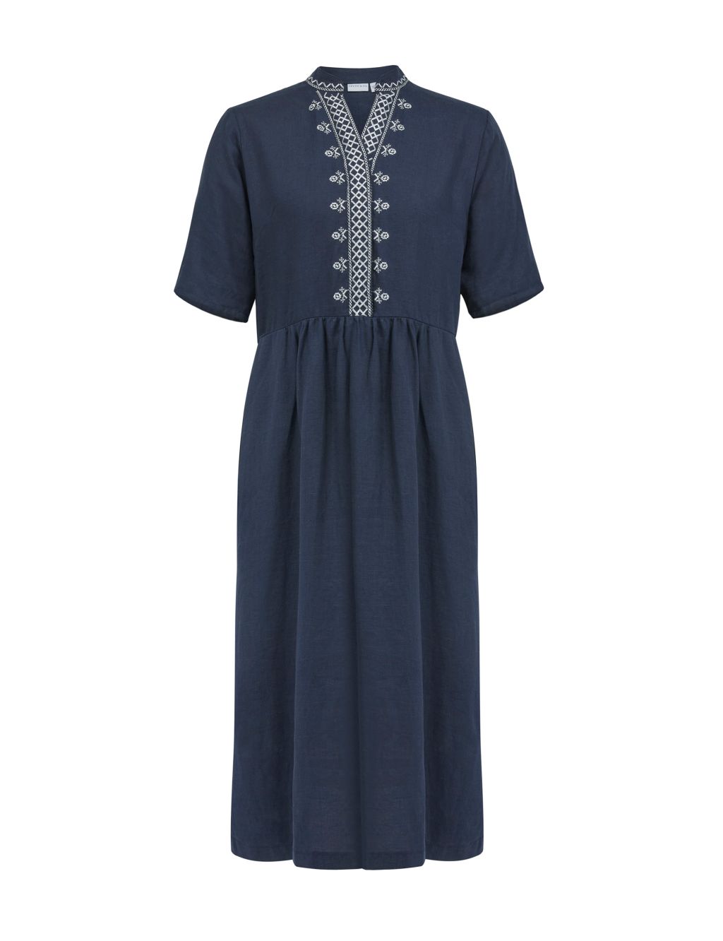 Pure Linen Embroidered Midi Waisted Dress 1 of 5