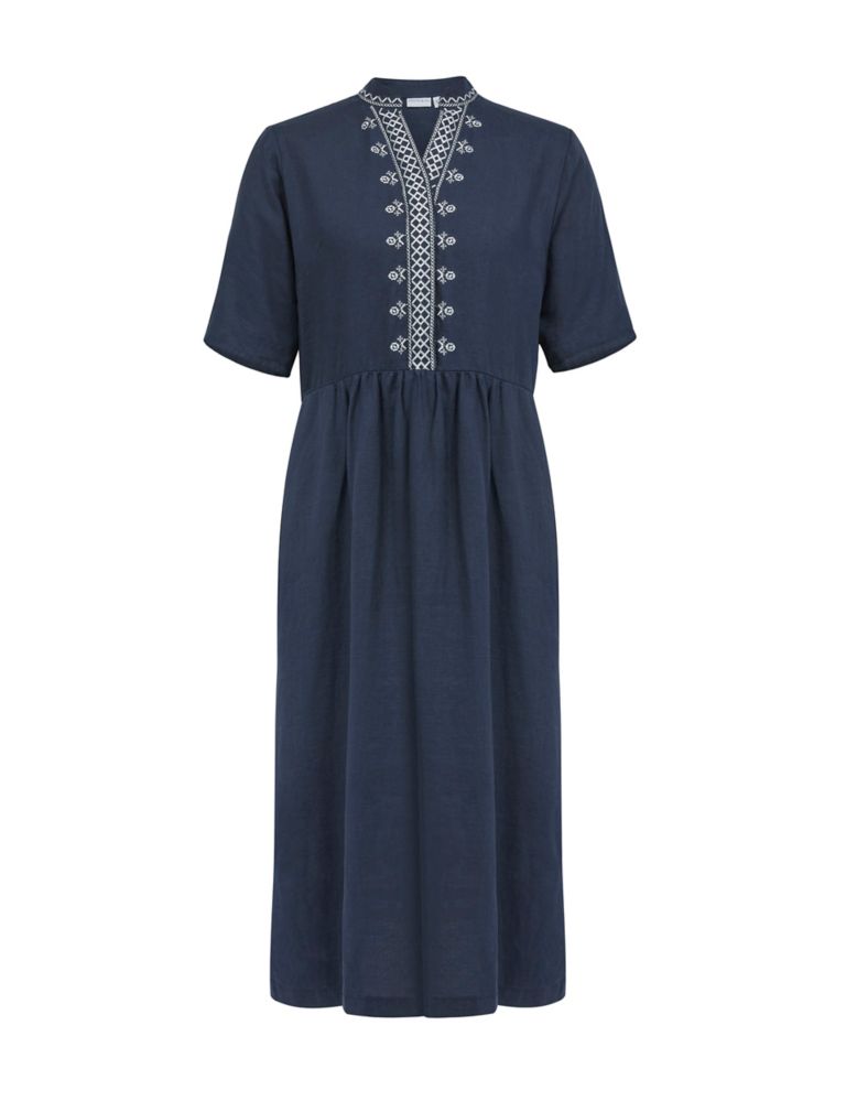 Pure Linen Embroidered Midi Waisted Dress 2 of 5
