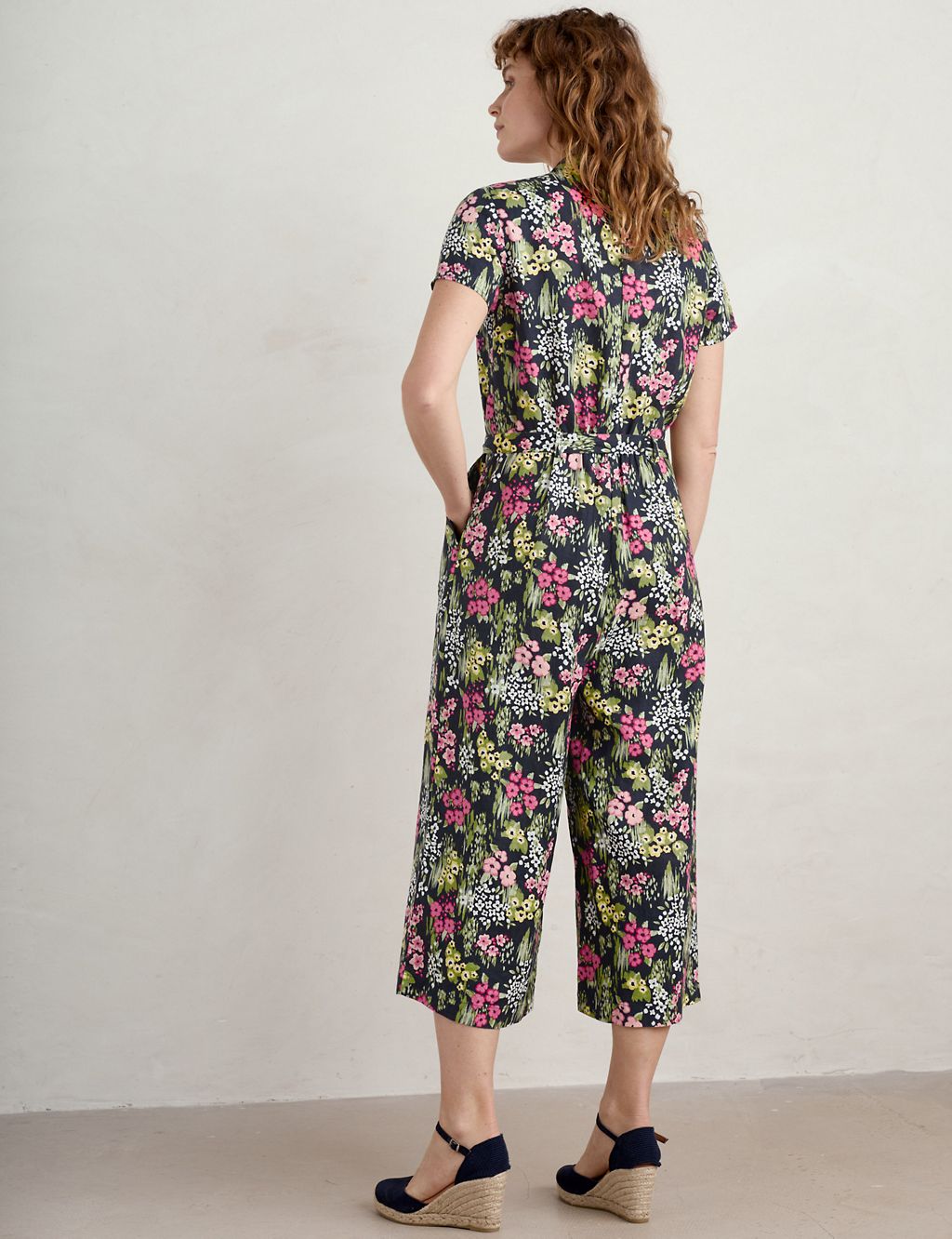 Pure Linen Floral Belted Cropped Jumpsuit 4 of 5