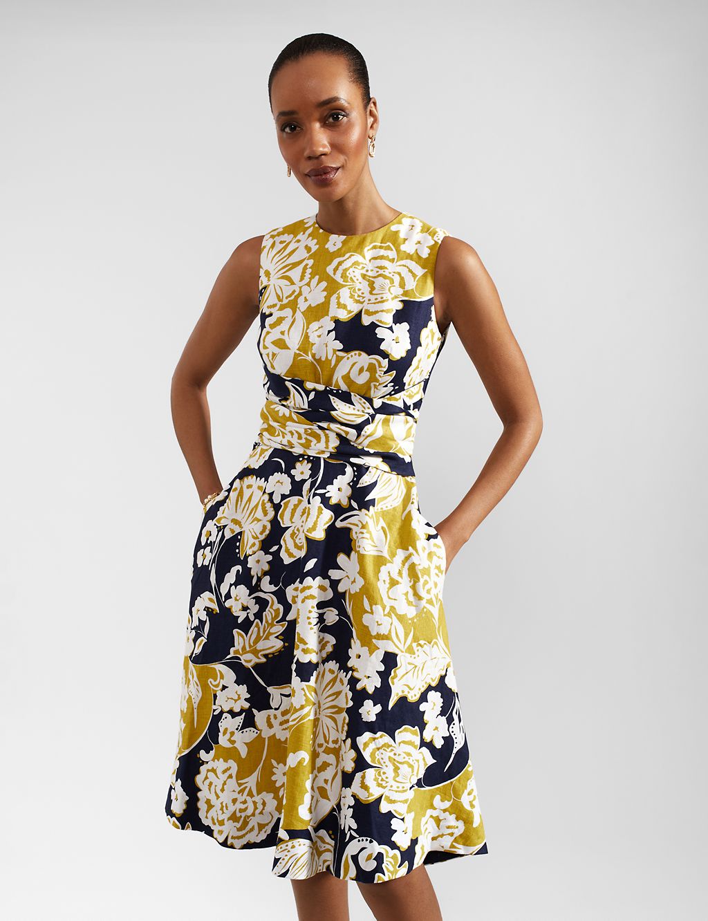 Pure Linen Floral Midi Waisted Dress 2 of 6