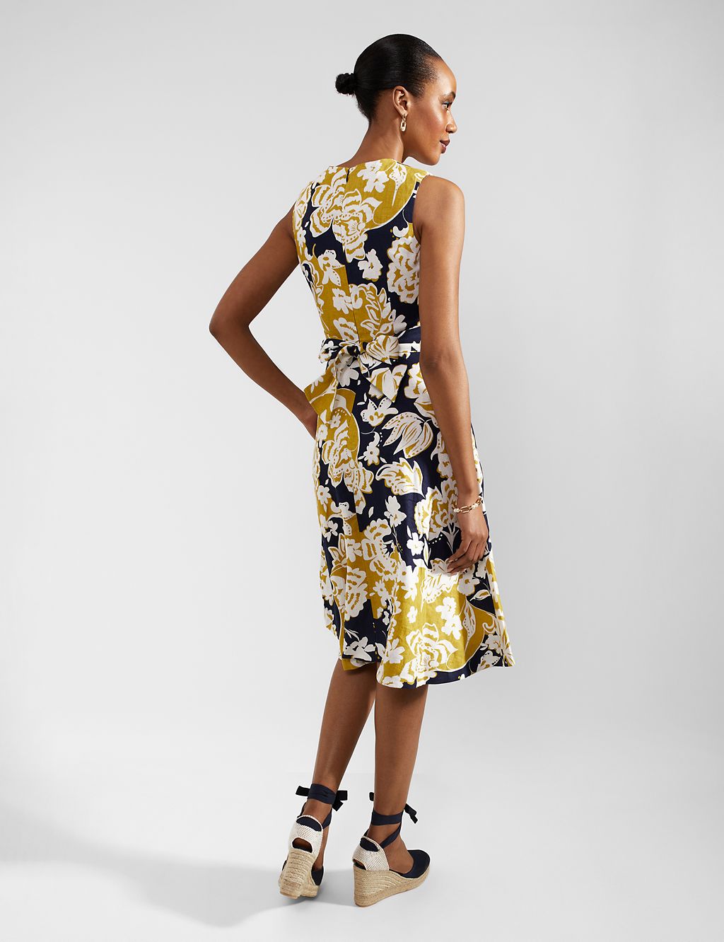 Pure Linen Floral Midi Waisted Dress 4 of 6