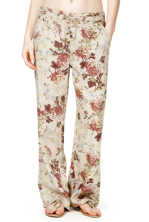 Pure Linen Floral Print Wide Leg Beach Trousers Image 1 of 1