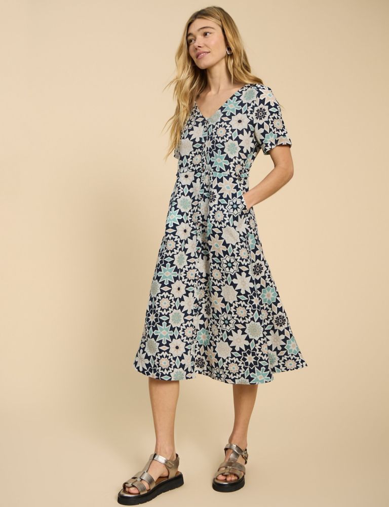 Pure Linen Floral V-Neck Midi Waisted Dress 1 of 6