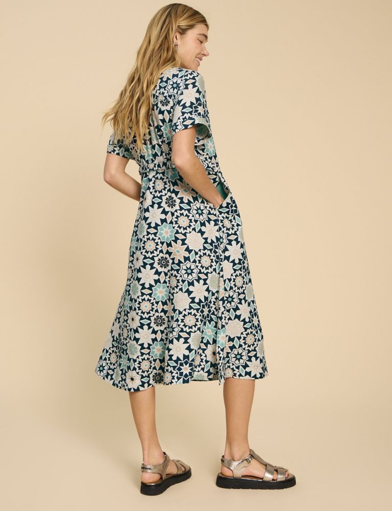 Pure Linen Floral V-Neck Midi Waisted Dress 3 of 6
