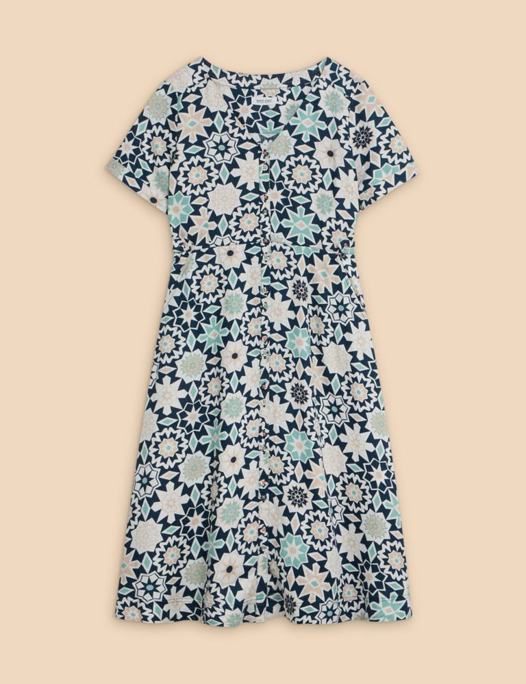 Pure Linen Floral V-Neck Midi Waisted Dress 2 of 6