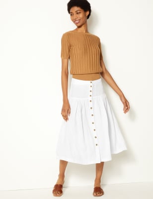 Pure Linen Midi Fit & Flare Skirt, M&S Collection