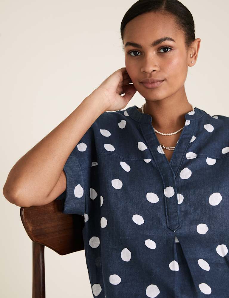 Pure Linen Polka Dot Short Sleeve Blouse | Mu0026S Collection | Mu0026S