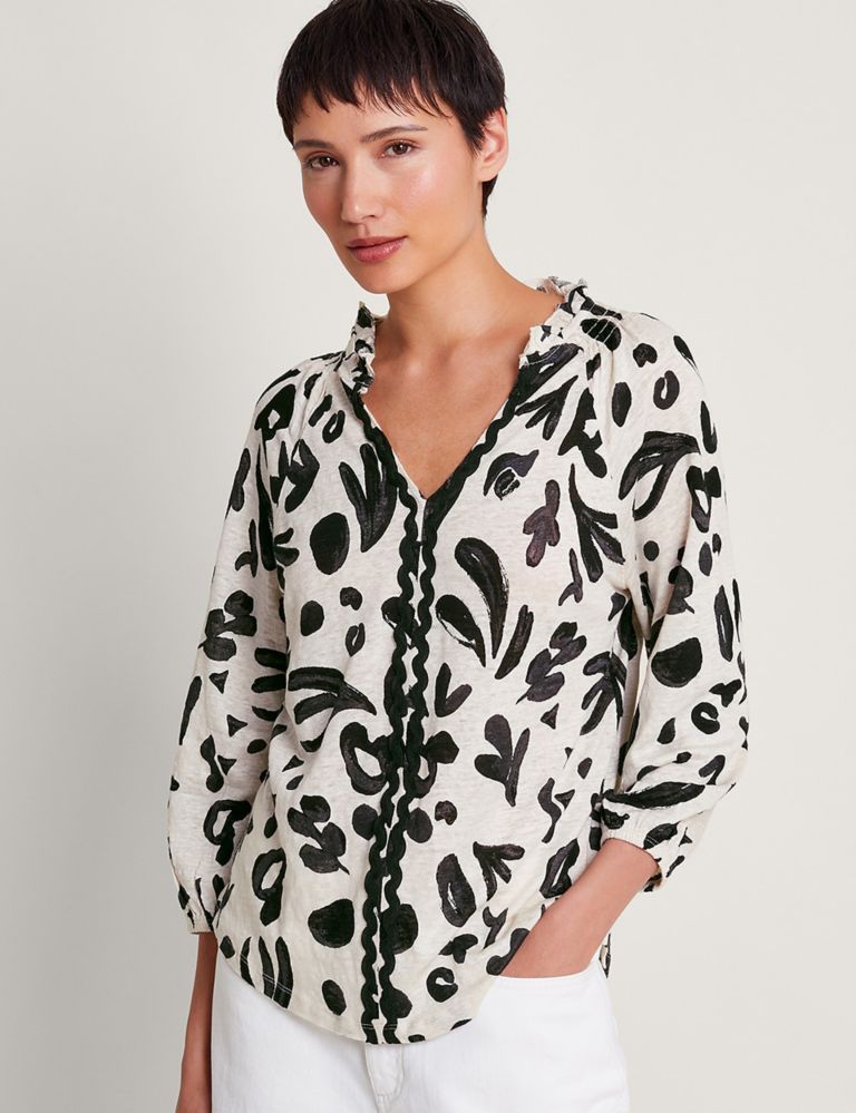 Pure Linen Printed Notch Neck Blouse 1 of 4