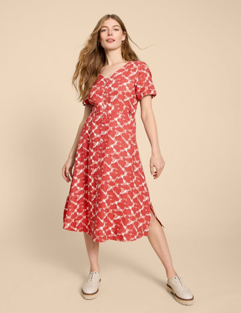 Pure Linen Printed V-Neck Midi Tea Dress 1 of 6