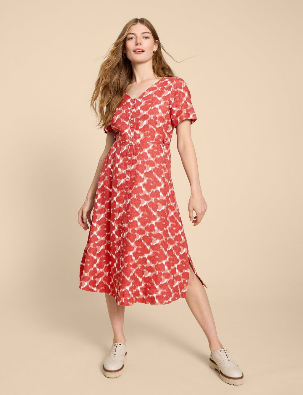 Pure Linen Printed V-Neck Midi Tea Dress 3 of 6