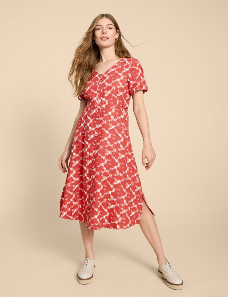 Pure Linen Printed V-Neck Midi Tea Dress 1 of 6