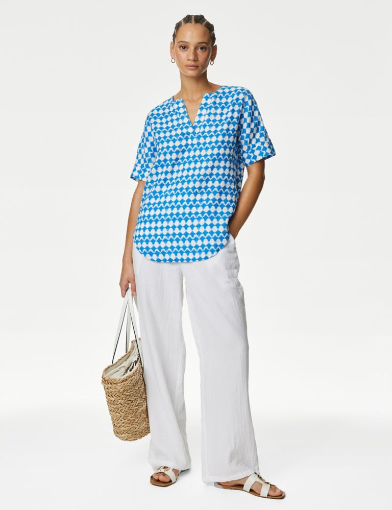 Pure Linen Printed V-Neck Popover Blouse 1 of 5