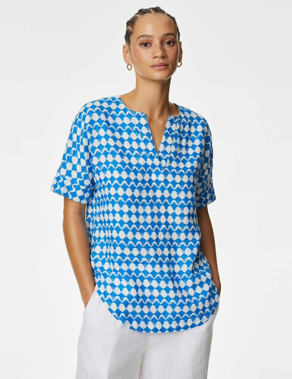 Pure Linen Printed V-Neck Popover Blouse 4 of 5