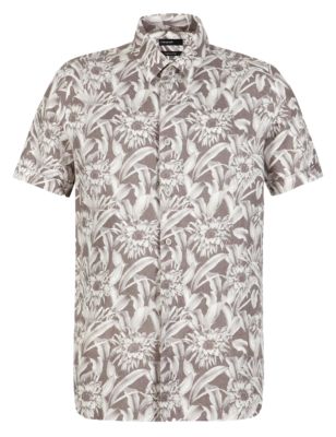 Pure Linen Short Sleeve Floral & Leaf Print Shirt Image 2 of 5