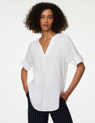 Pure Linen Short Sleeve Popover Blouse | M&S Collection | M&S