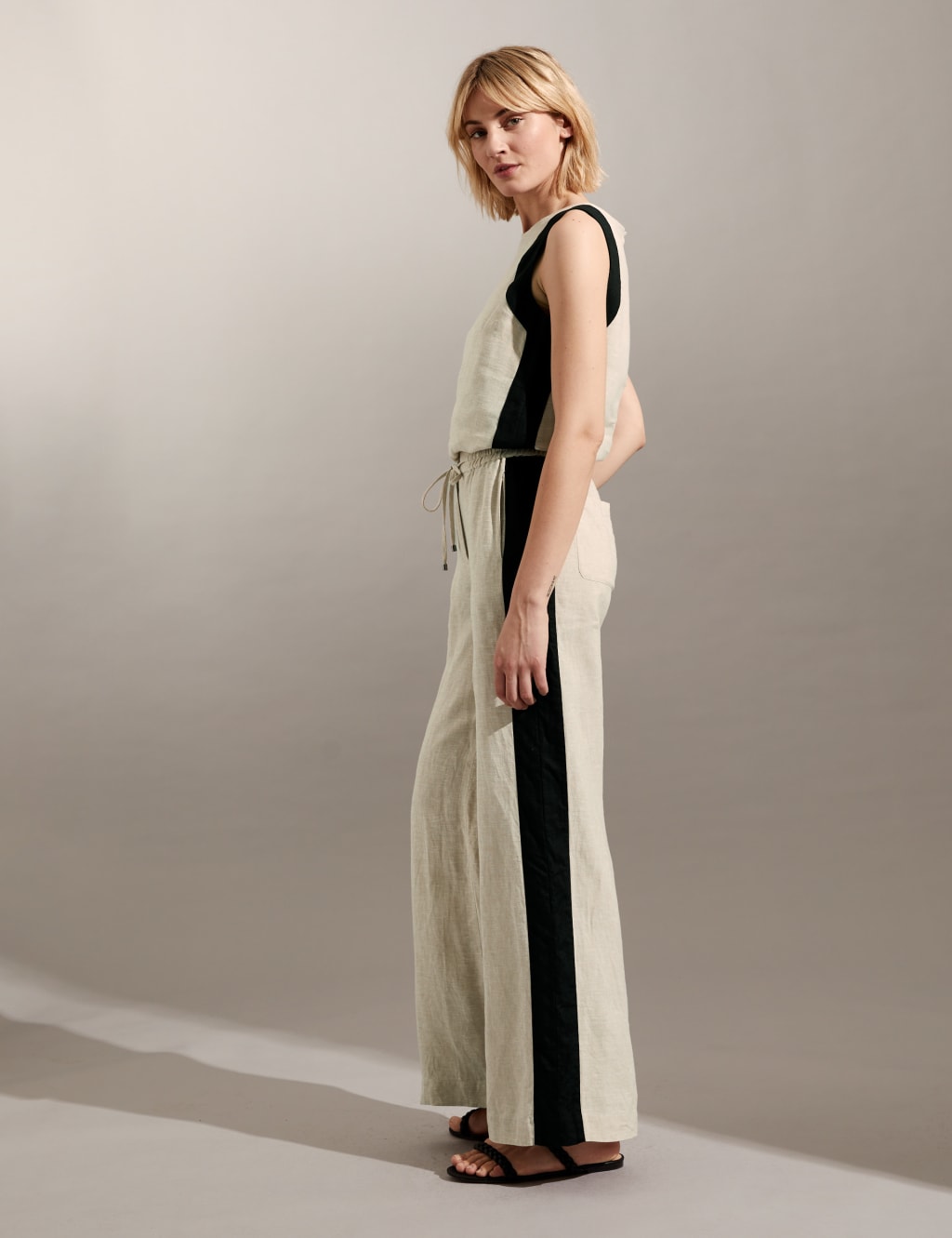 Pure Linen Side Stripe Wide Leg Trousers