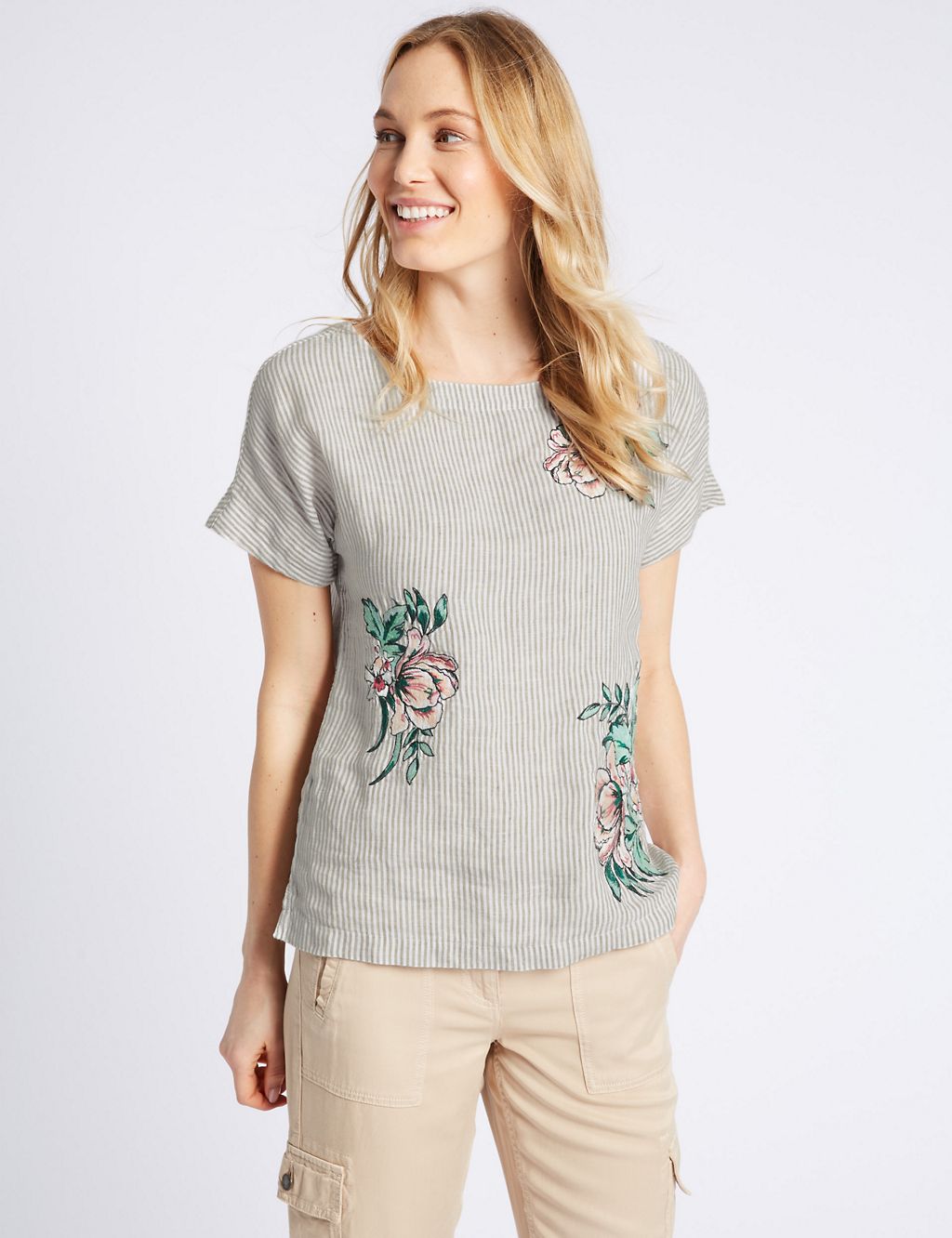 Pure Linen Stripe Embroidered Blouse 3 of 5