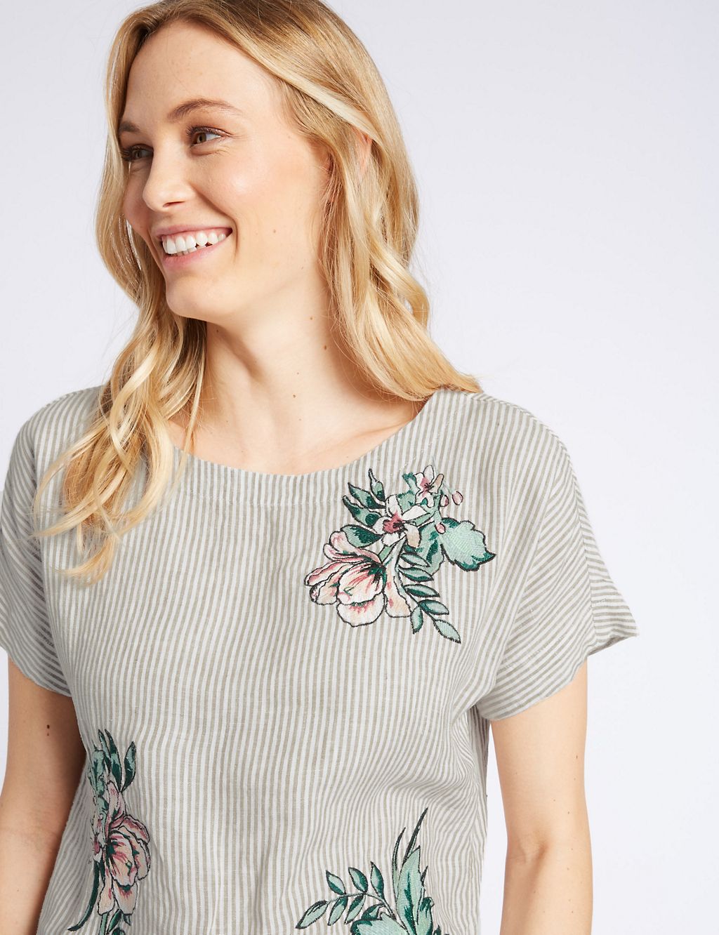 Pure Linen Stripe Embroidered Blouse 5 of 5