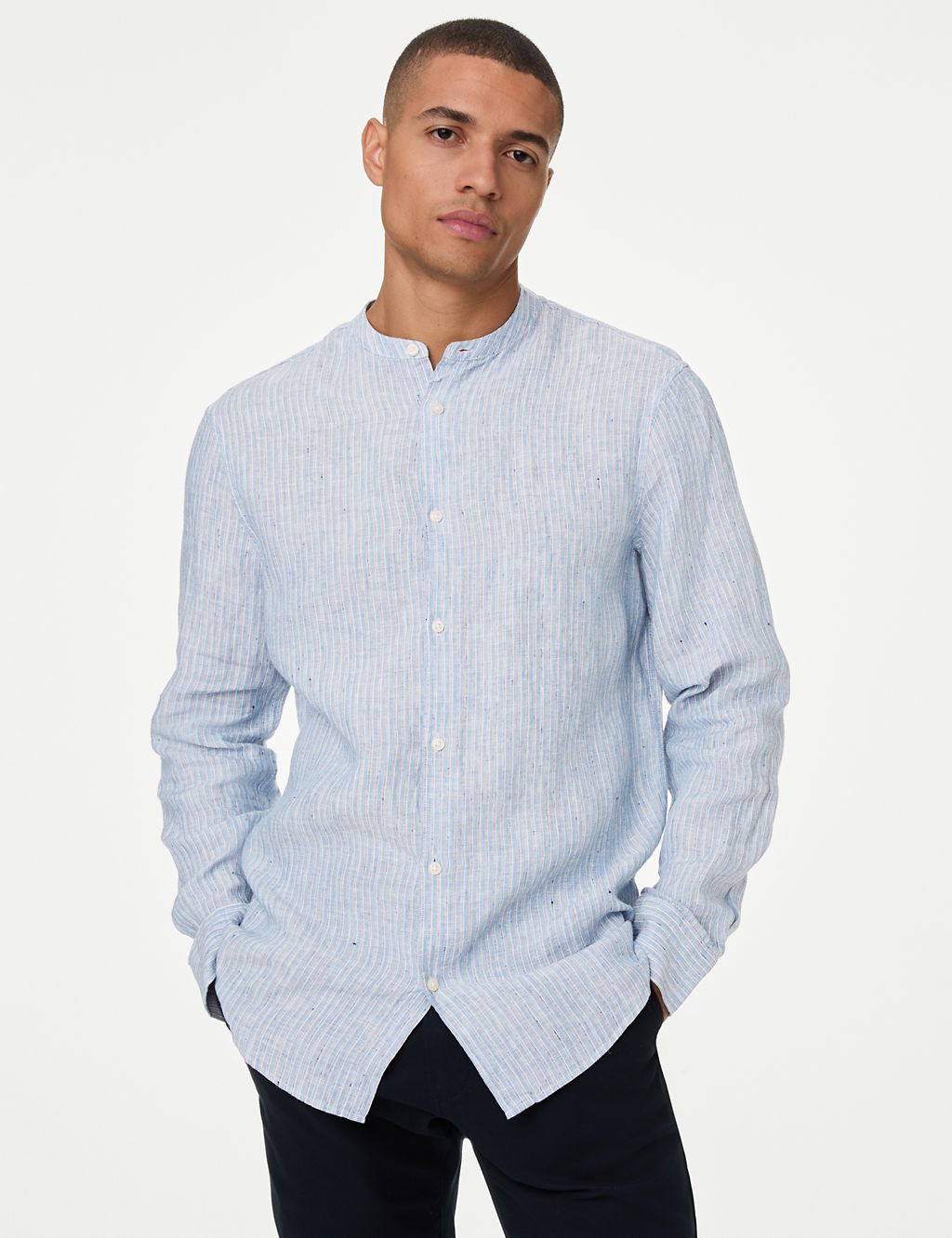 Pure Linen Striped Grandad Collar Shirt 4 of 5