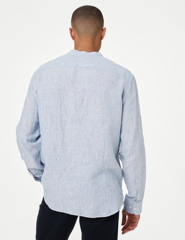 Pure Linen Striped Grandad Collar Shirt 5 of 5