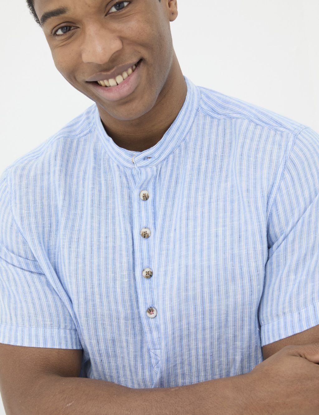 Pure Linen Striped Grandad Collar Shirt 2 of 5