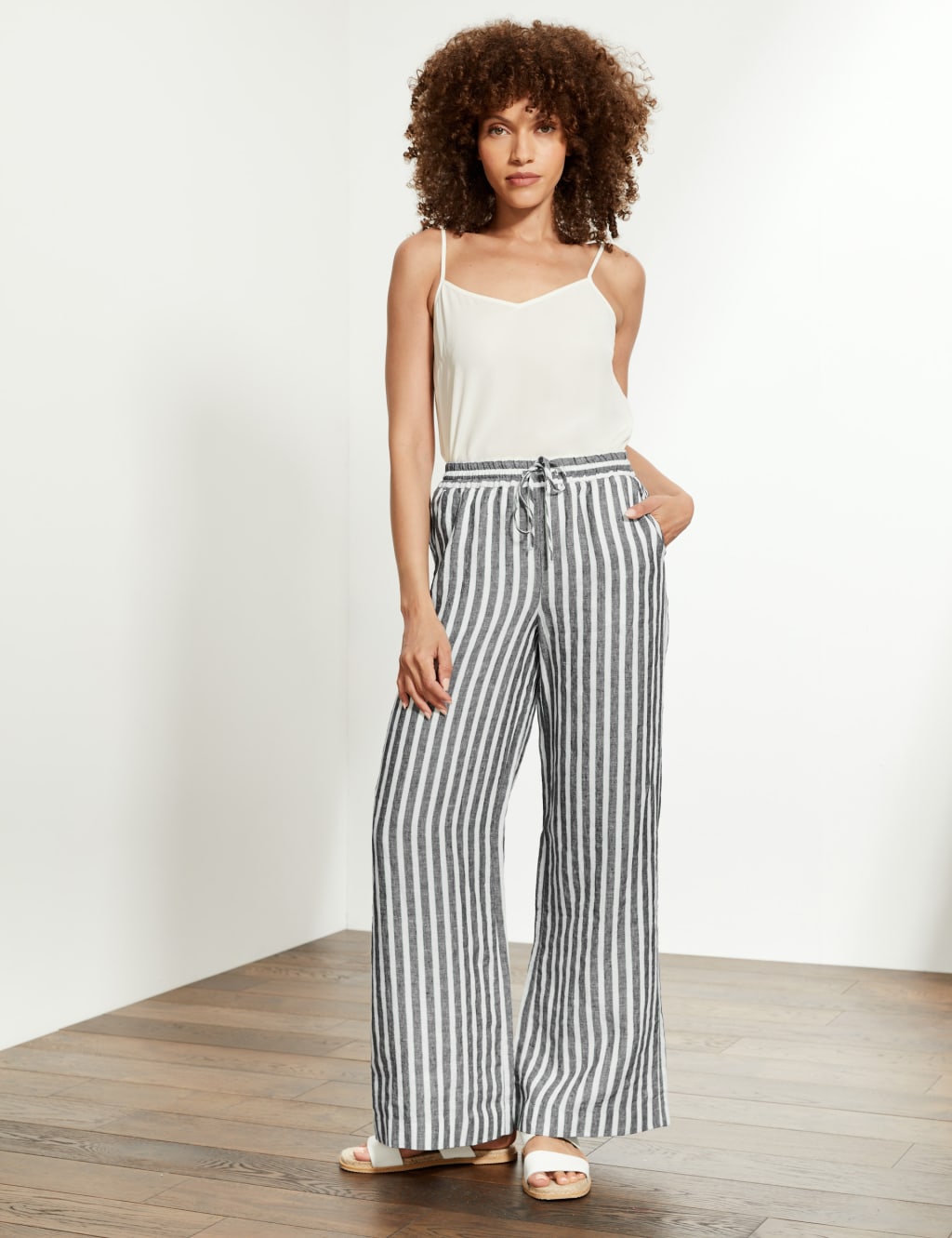 Pure Linen Striped Wide Leg Trousers