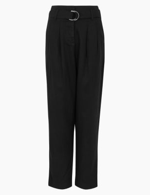 white tapered linen trousers