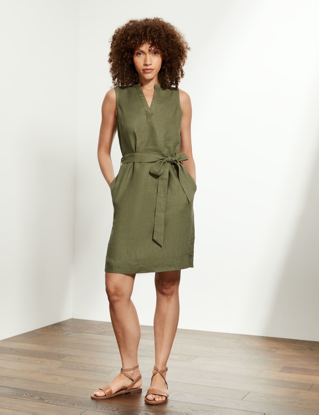 Pure Linen V-Neck Knee Length Shift Dress