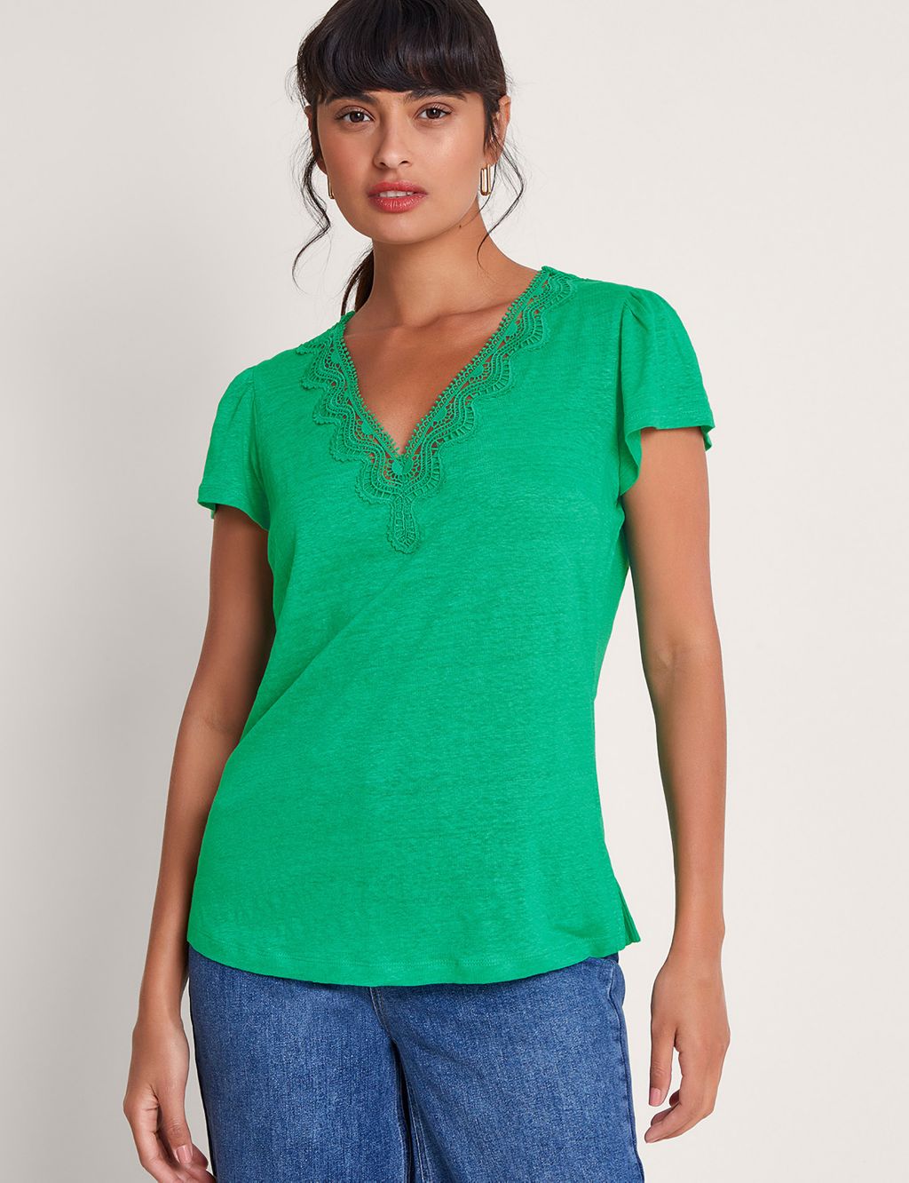 Pure Linen V-Neck Lace Detail T-Shirt 3 of 4