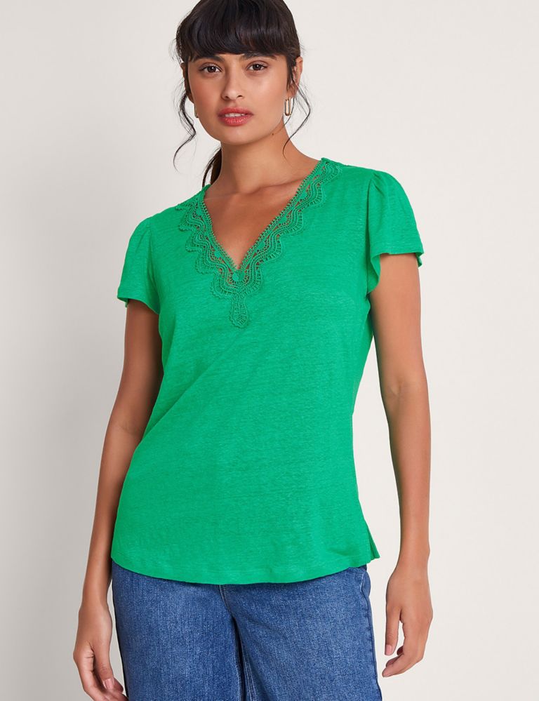 Pure Linen V-Neck Lace Detail T-Shirt 1 of 4