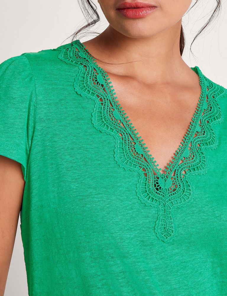 Pure Linen V-Neck Lace Detail T-Shirt 4 of 4