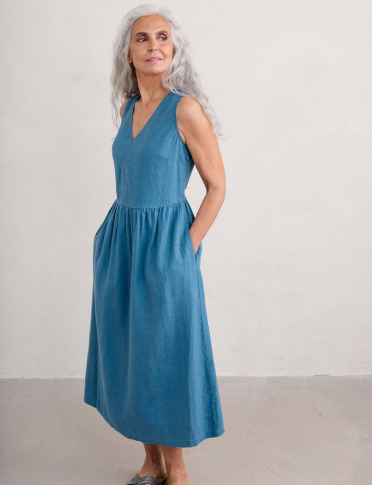 Pure Linen V-Neck Midaxi Waisted Dress 4 of 6