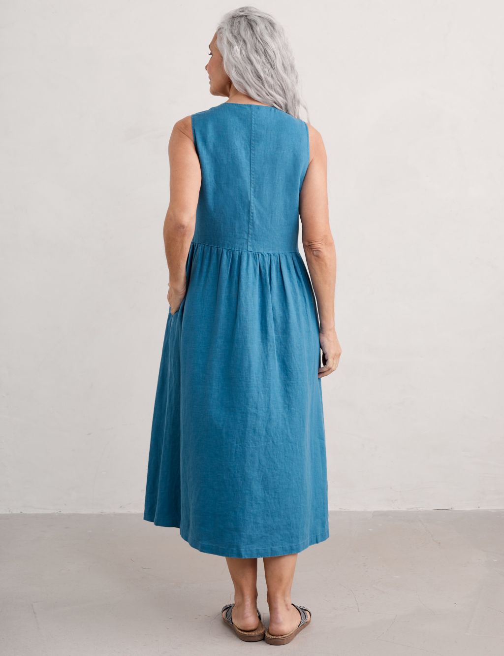Pure Linen V-Neck Midaxi Waisted Dress 5 of 6