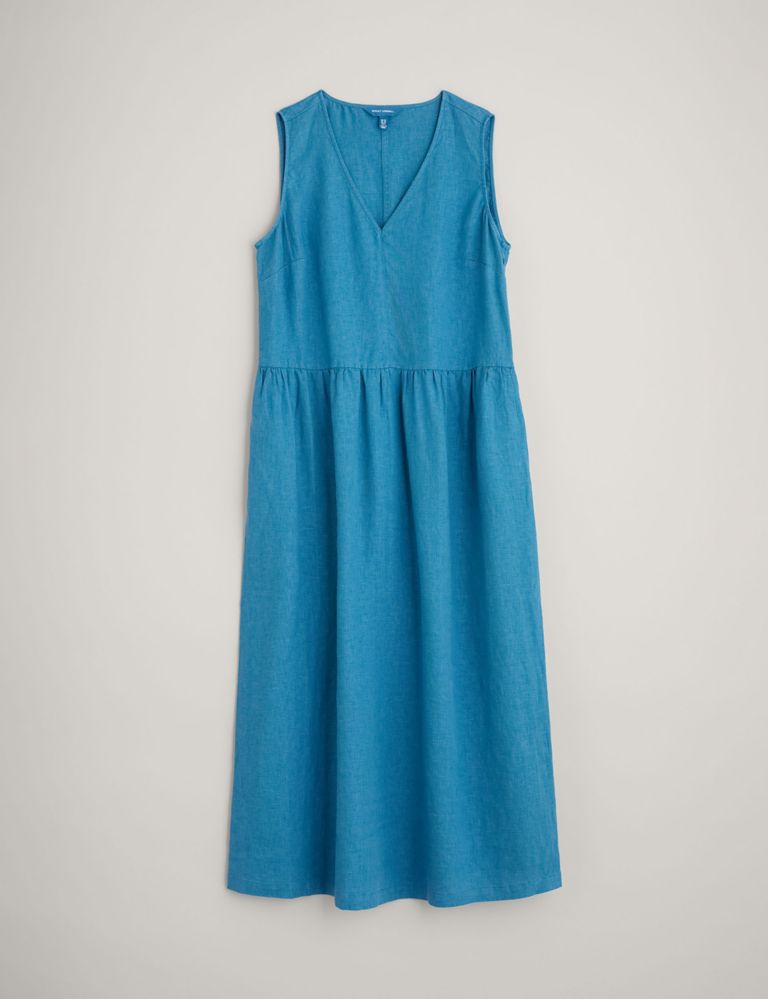 Pure Linen V-Neck Midaxi Waisted Dress 2 of 6