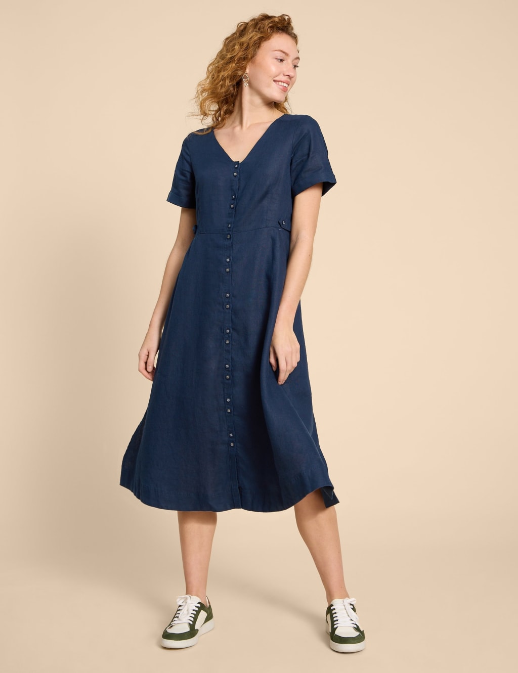 Pure Linen V-Neck Midi Tea Dress 3 of 5