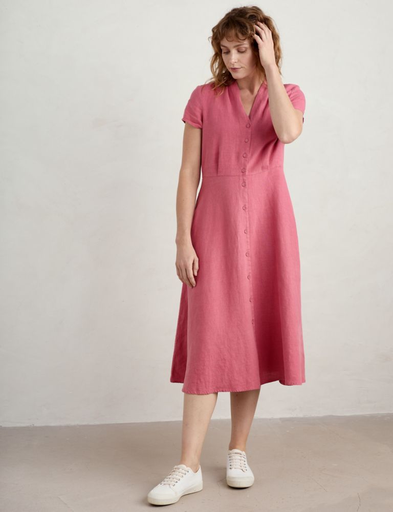 Pure Linen V-Neck Midi Waisted Dress 3 of 6