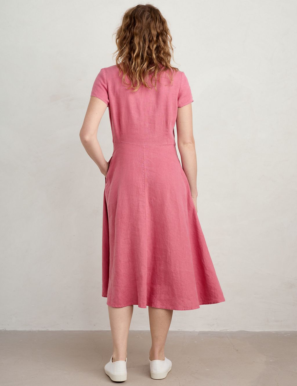 Pure Linen V-Neck Midi Waisted Dress 4 of 6
