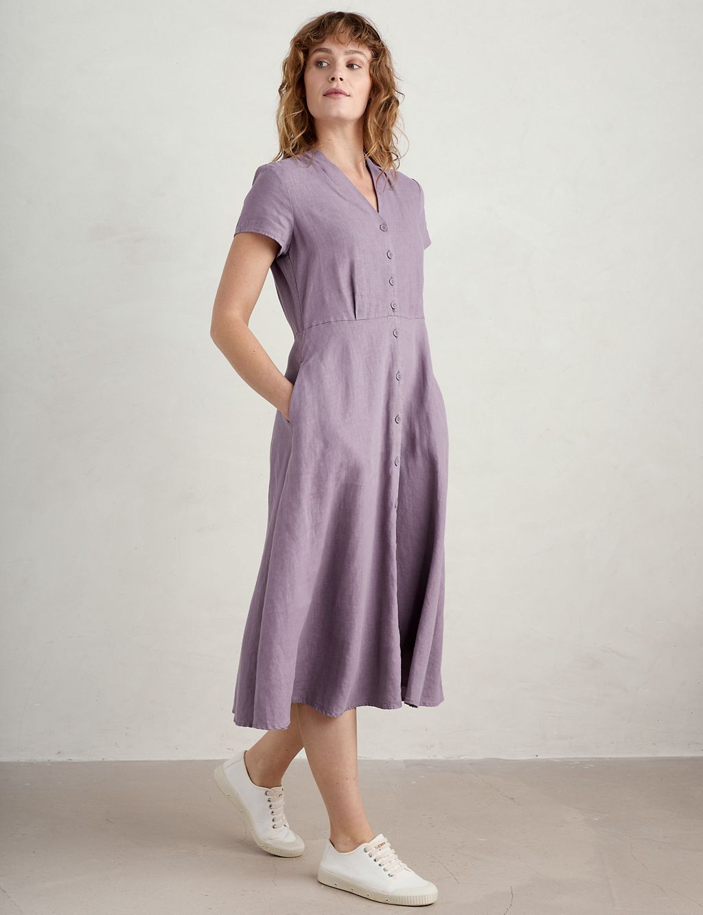 Pure Linen V-Neck Midi Waisted Dress 2 of 6