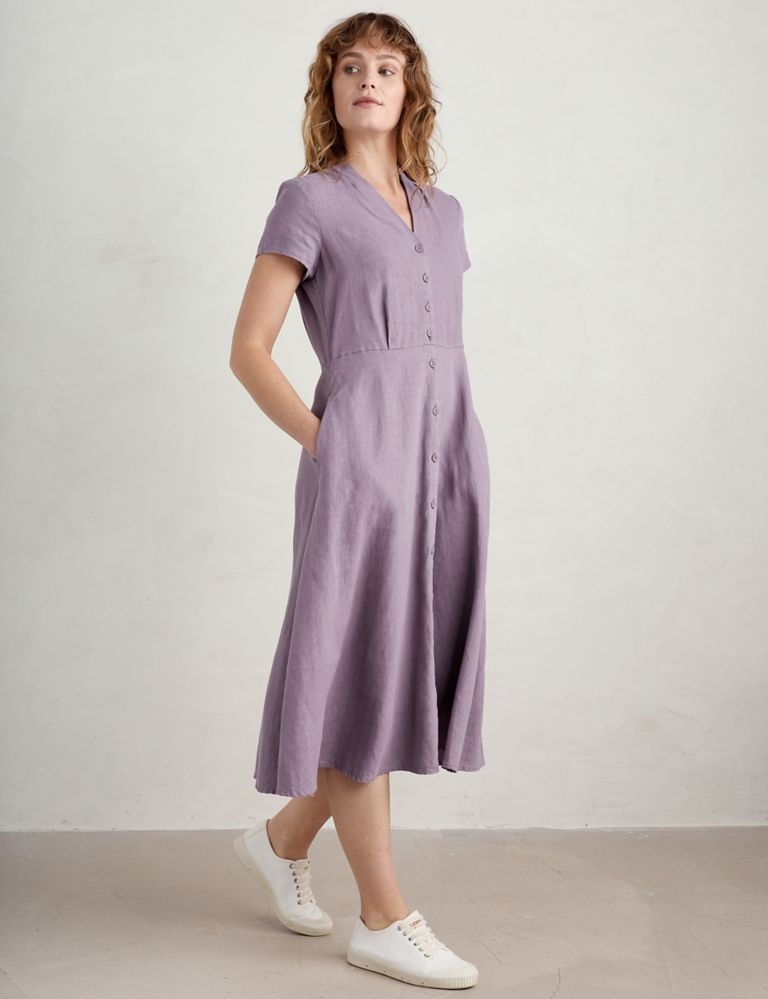 Pure Linen V-Neck Midi Waisted Dress 3 of 6