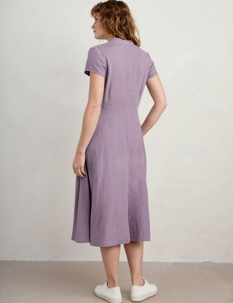 Pure Linen V-Neck Midi Waisted Dress 4 of 6