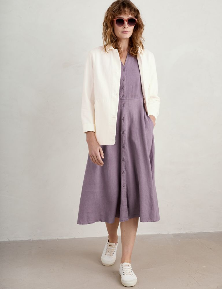 Pure Linen V-Neck Midi Waisted Dress 6 of 6