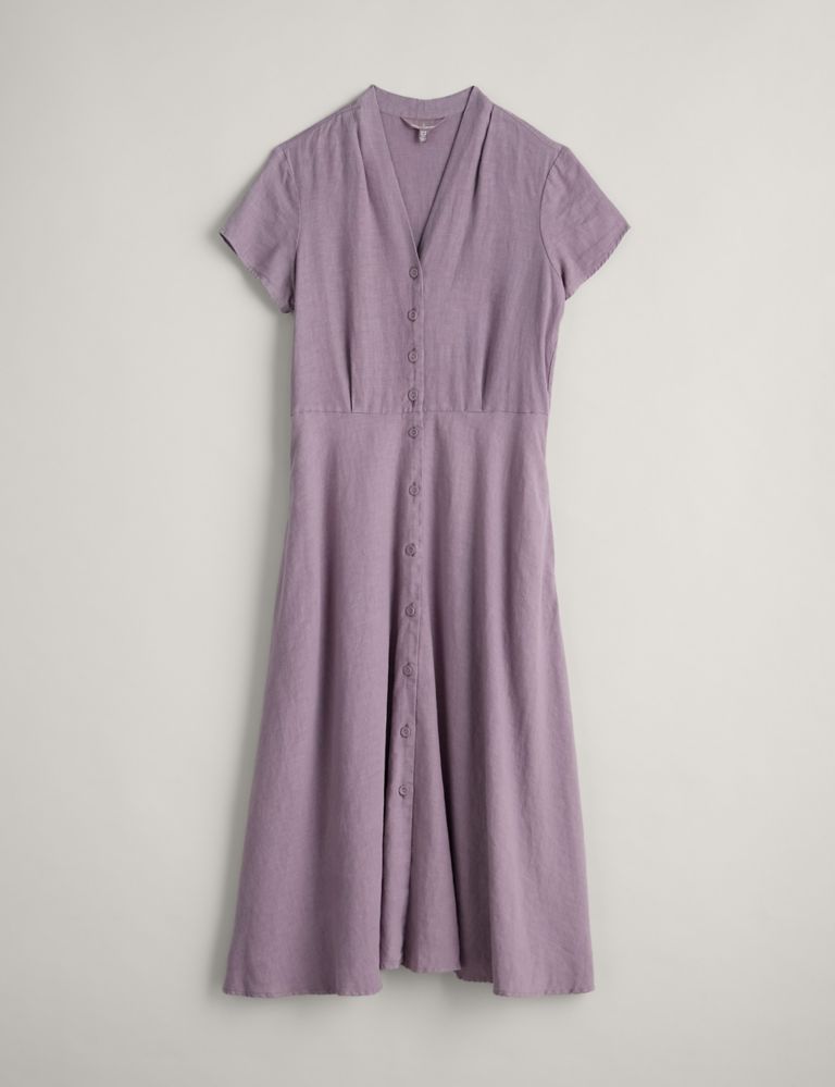 Pure Linen V-Neck Midi Waisted Dress 2 of 6