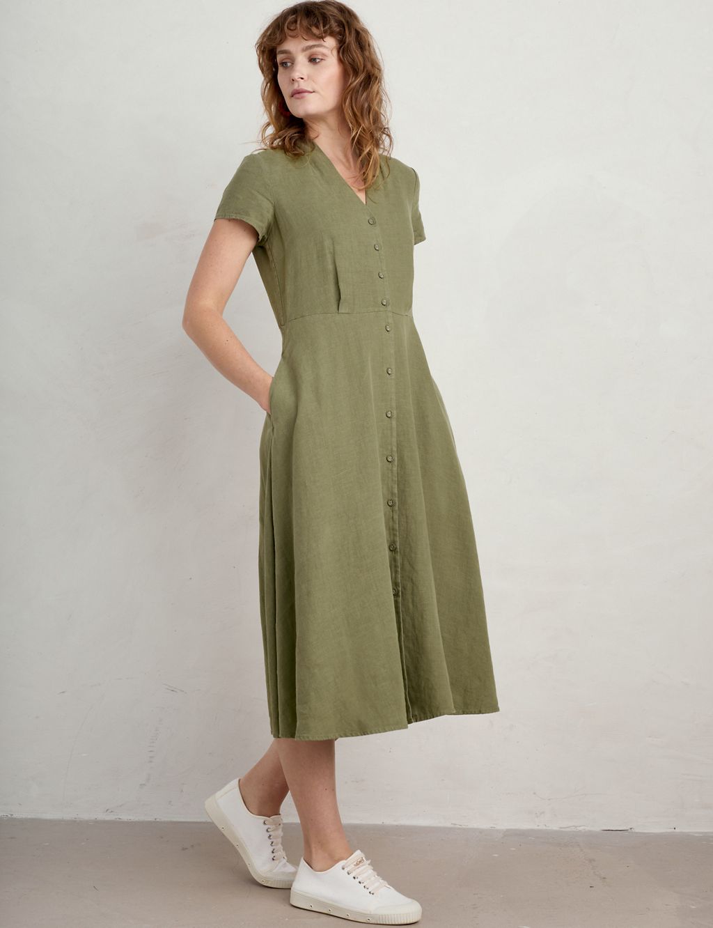 Pure Linen V-Neck Midi Waisted Dress 2 of 5