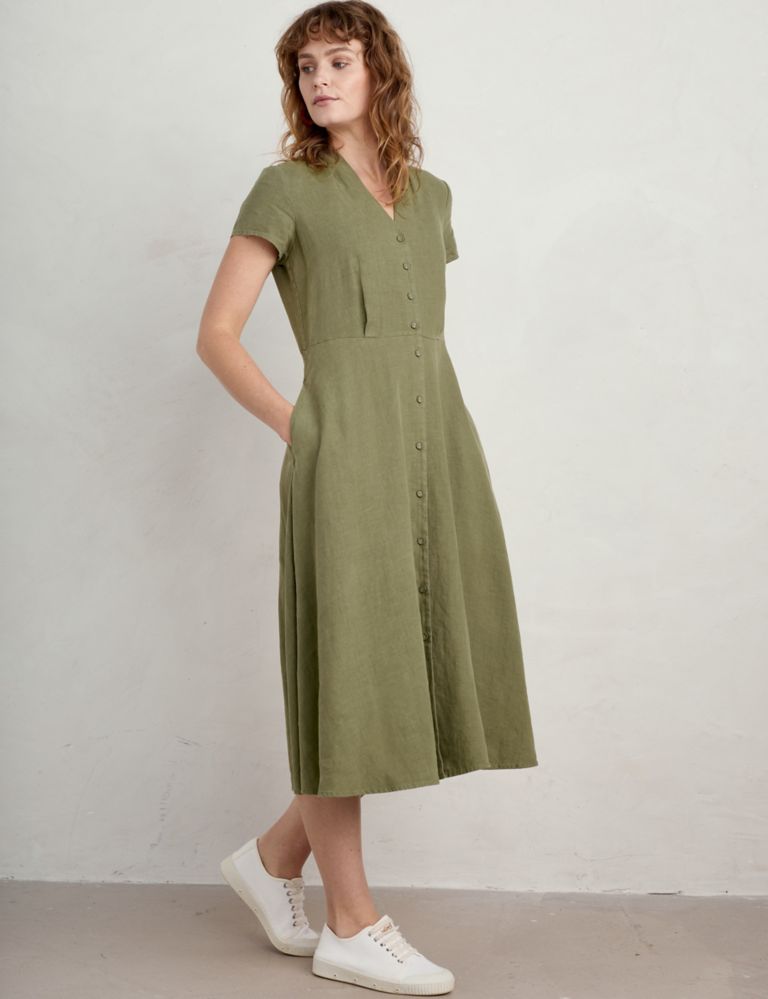 Pure Linen V-Neck Midi Waisted Dress 3 of 5