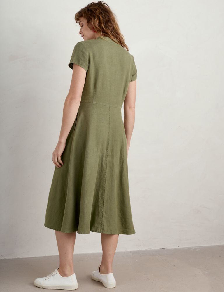 Pure Linen V-Neck Midi Waisted Dress 4 of 5