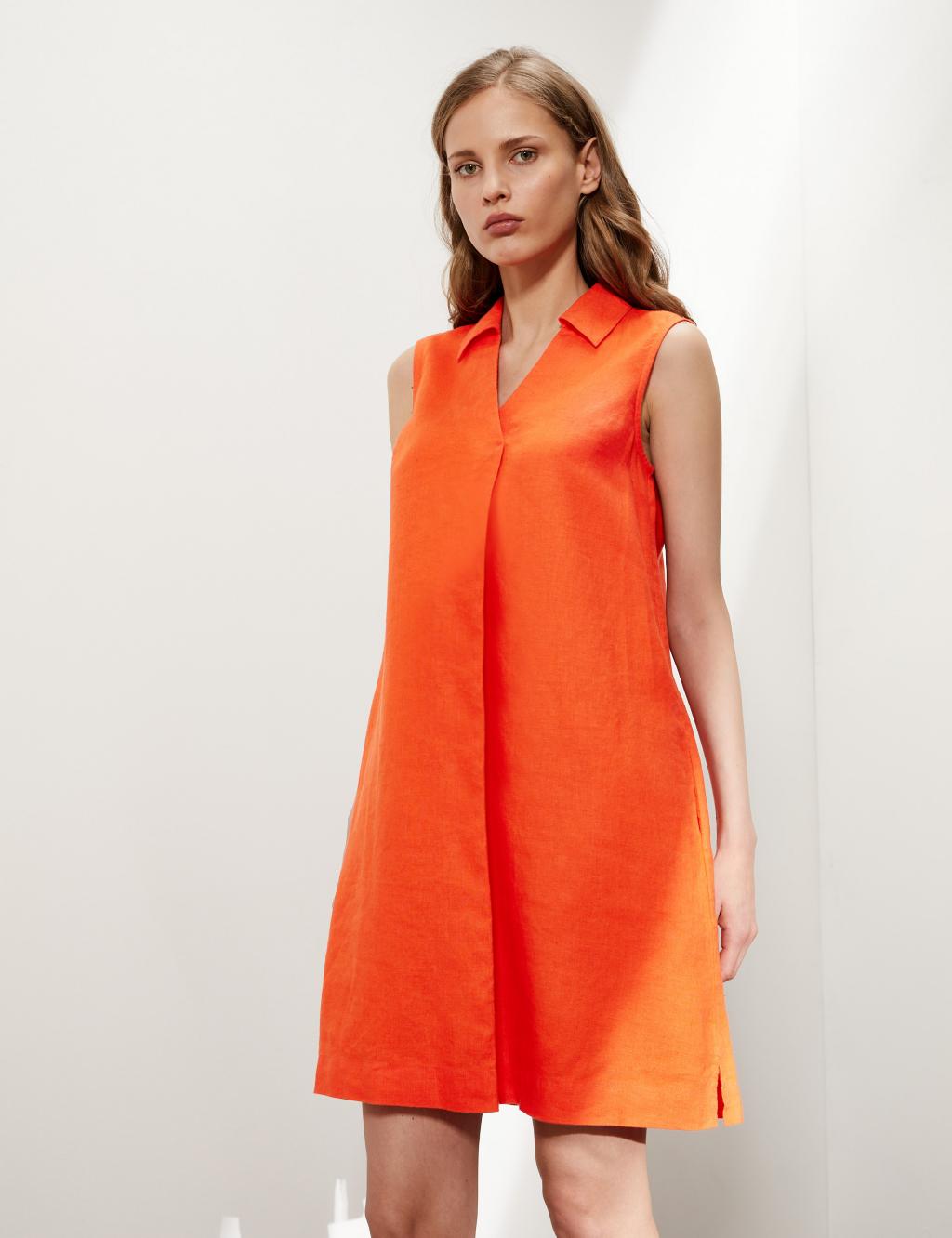 Pure Linen V-Neck Sleeveless Shift Dress
