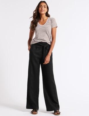 Women's black linen hot sale wide leg trousers