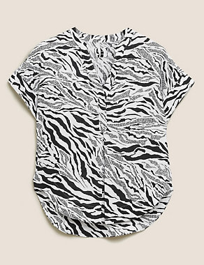 Pure Linen Zebra Print Short Sleeve Blouse Image 2 of 5
