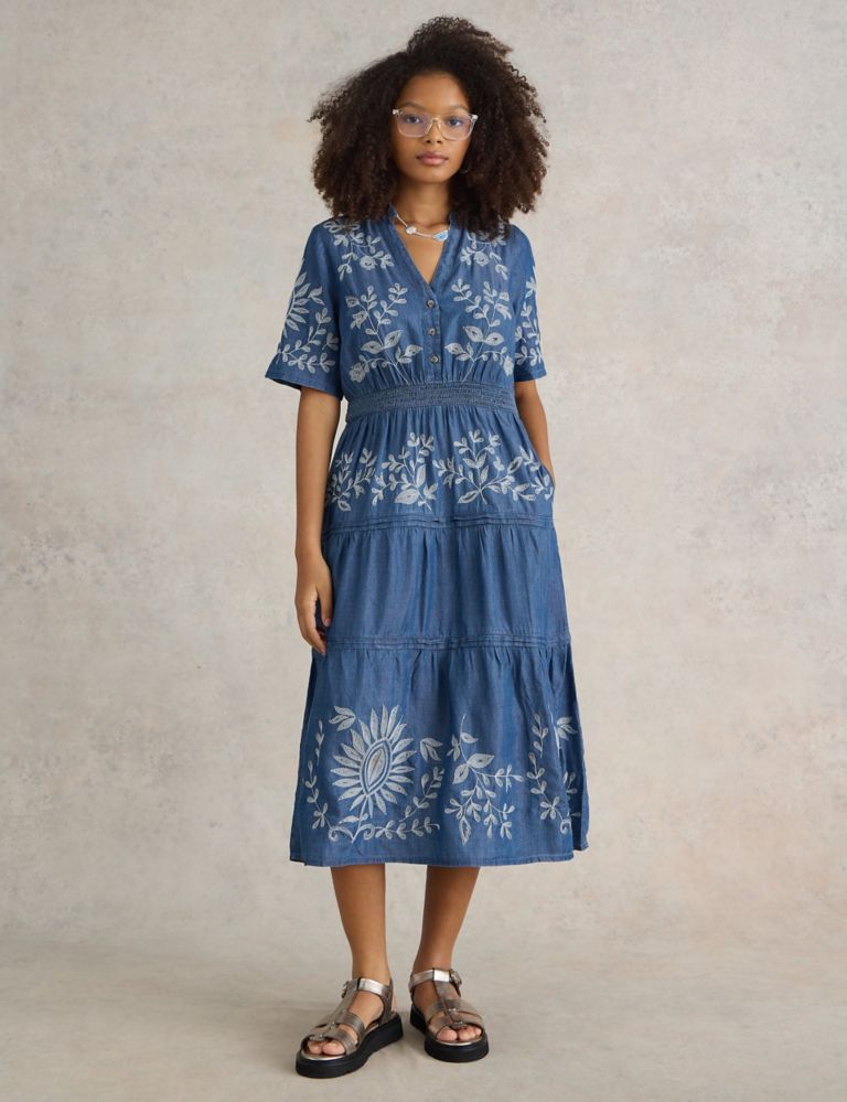 Pure Lyocell™ Denim Embroidered Midi Tiered Dress 1 of 6