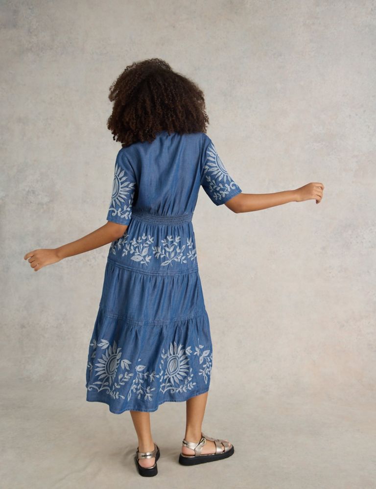 Pure Lyocell™ Denim Embroidered Midi Tiered Dress 3 of 6